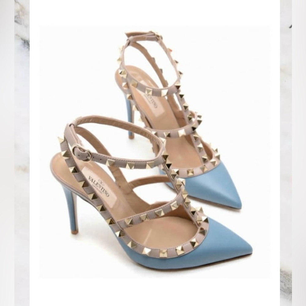 Valentino Garavani Sky Blue and Nude Rockstud Pointed-Toe Slingback Heels